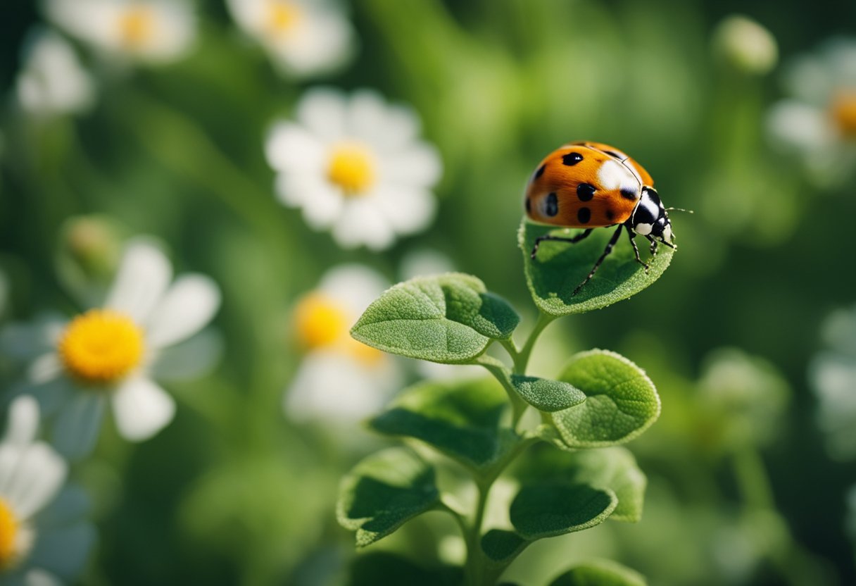 En hage med forskjellige planter og naturlige rovdyr, som marihøner og fugler, som sameksisterer uten bruk av kjemiske pestmidler.