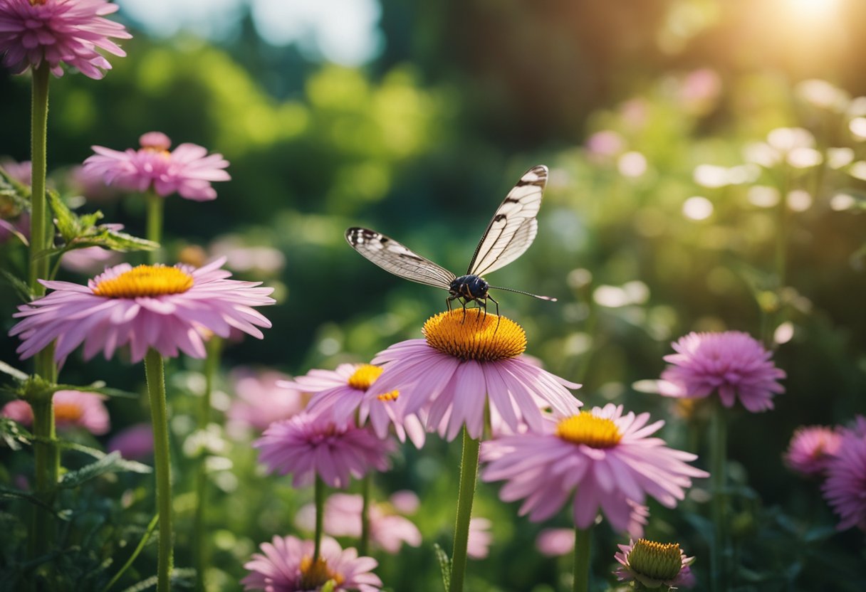 En fredelig hage med forskjellige planter og blomster, omringet av naturlige barrierer, med noen harmløse insekter og fugler til stede