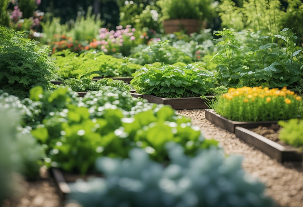 En frodig hage med sunne planter omkranset av naturlige skadedyrkontrollmetoder som følgeplanting, dekking med mulch og habitater for nyttige insekter