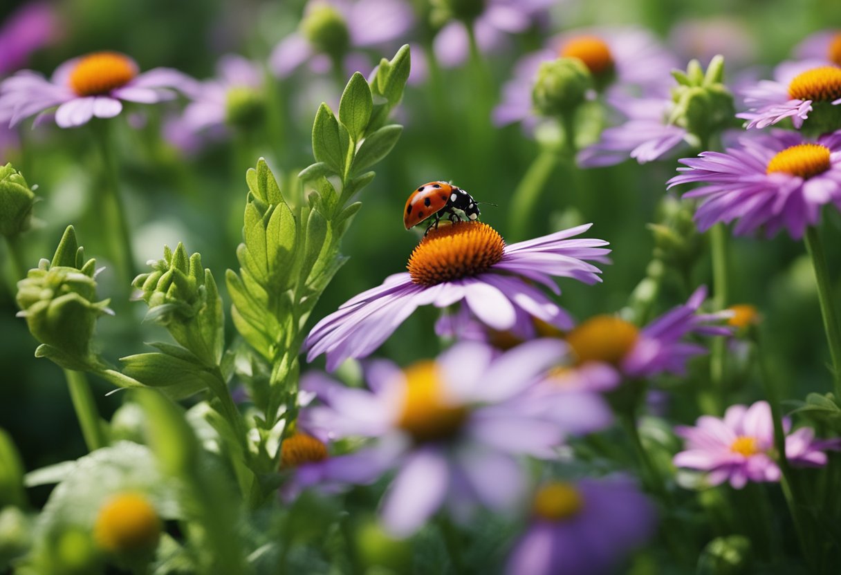 En frodig hage med forskjellige planter og blomster, omgitt av naturlige avskrekkende midler som marihøner og fugler, som beskytter dem mot skadedyr