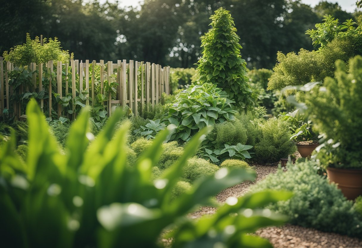 En frodig hage med forskjellige planter omgitt av naturlige barrierer som følgesvennplanter, mulch og fysiske barrierer for å beskytte mot skadedyr