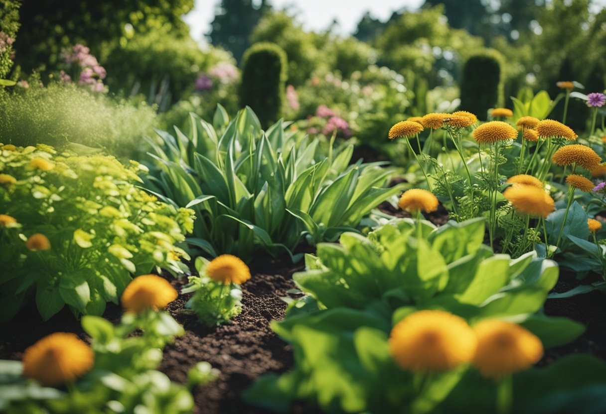 En frodig hage med livlige, sunne planter omgitt av naturlige skadedyrkontrollmetoder som følgeplantering, dekke og habitater for nyttige insekter.