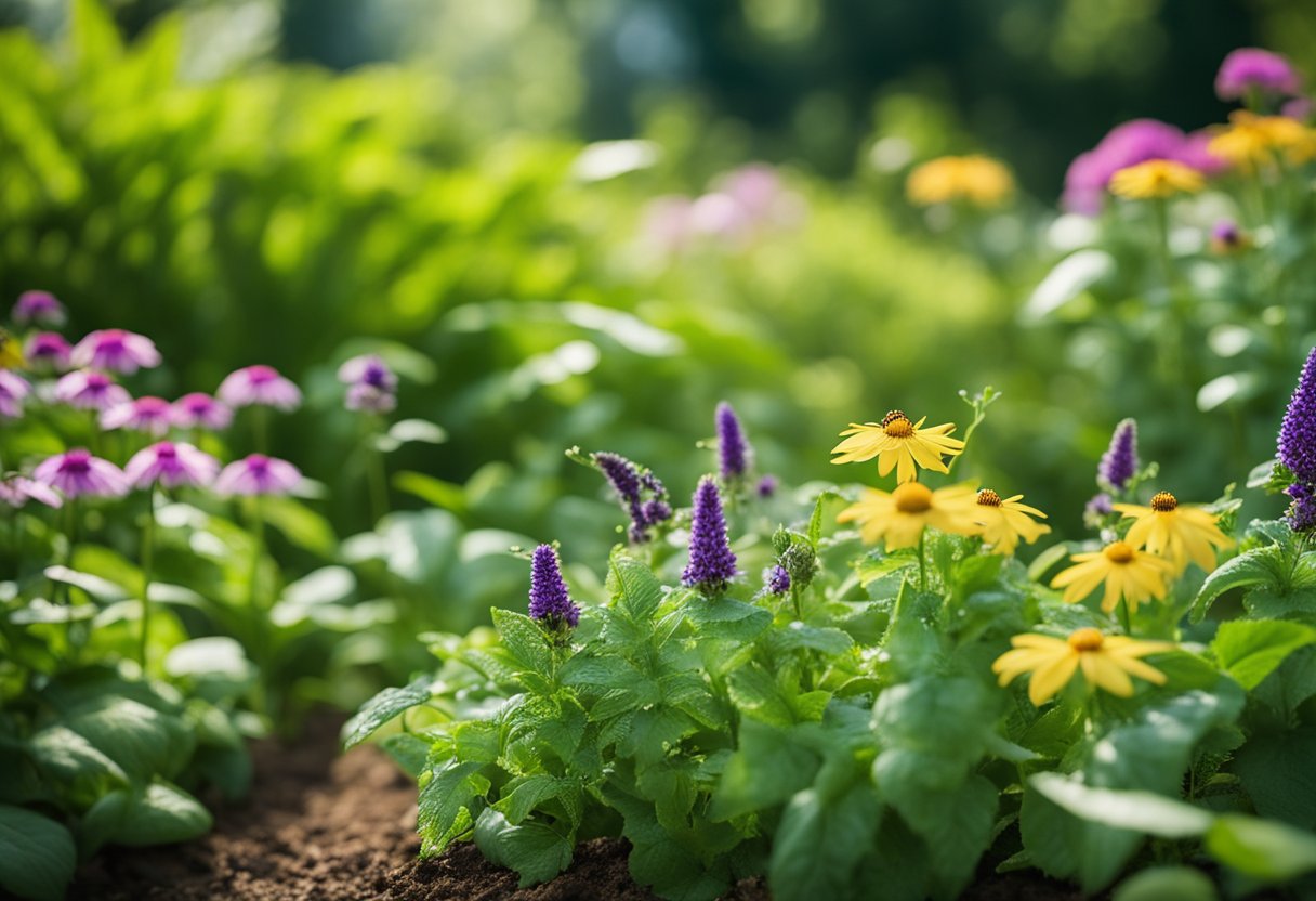 En frodig hage med livlige, sunne planter. Naturlige metoder for skadedyrkontroll i aksjon, som følgeplanting og habitater for nyttige insekter.