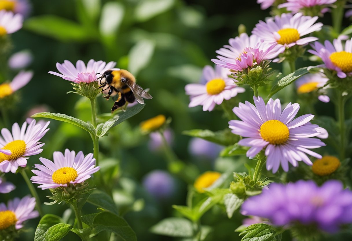 En frodig hage med fargerike blomster, frukttrær og et utvalg av planter som tiltrekker bier, sommerfugler og marihøner, samtidig som den avskrekker skadedyr.