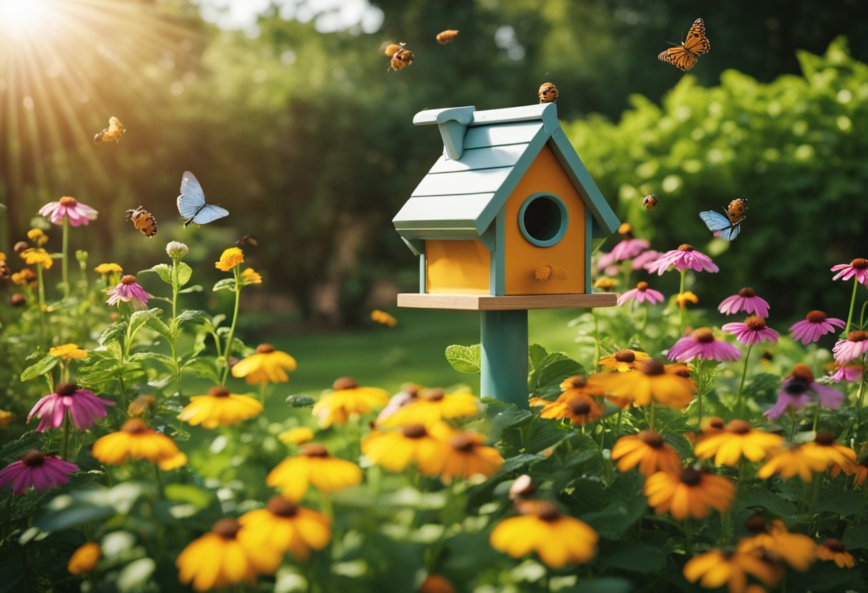 En livlig hage med fargerike blomster, frodig grønt og summende bier. Marihøner og sommerfugler flakser blant plantene, mens et lite fuglehus og en kompostboks fremmer et bærekraftig økosystem.
