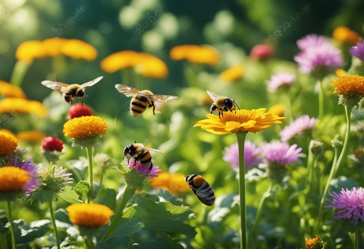 En frodig hage med fargerike blomster og grønnsaker, omgitt av summende bier og sommerfugler, mens marihøner og fugler holder skadedyrene på avstand
