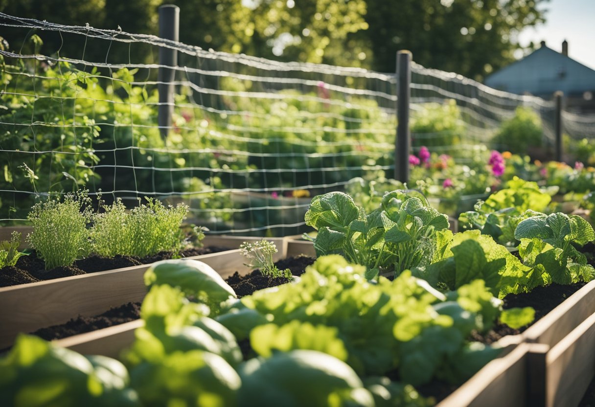 En hage med hevede bed og beskyttende nett, omkranset av et gjerde. Ulike grønnsaker og blomster trives, mens naturlige rovdyr og avskrekkende midler hjelper til med å kontrollere skadedyr.