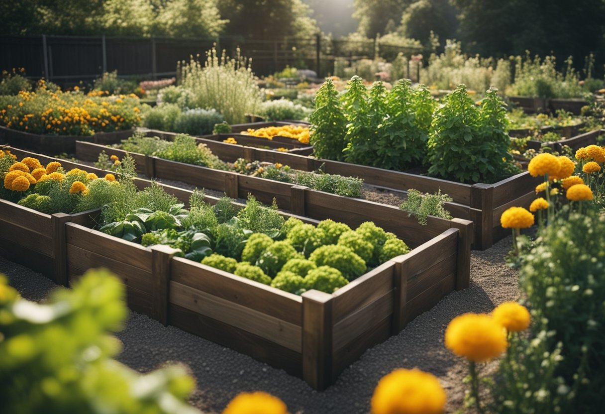En hage med hevede bed av grønnsaker og blomster, omgitt av beskyttende gjerder og naturlige avskrekkende midler som ringblomster og hvitløk