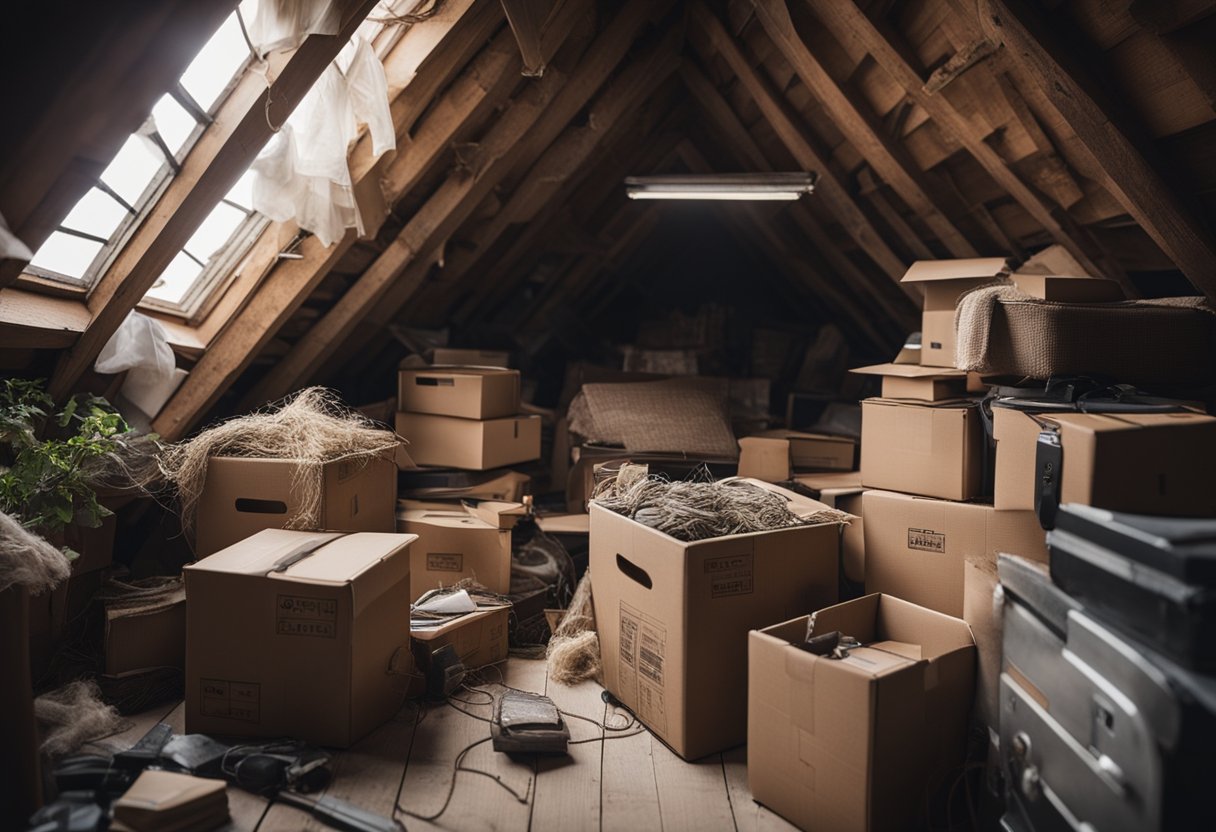 Et rotete loft med esker, gamle møbler og spindelvev. Et lekkende tak og eksponert ledning kan utgjøre potensielle farer.