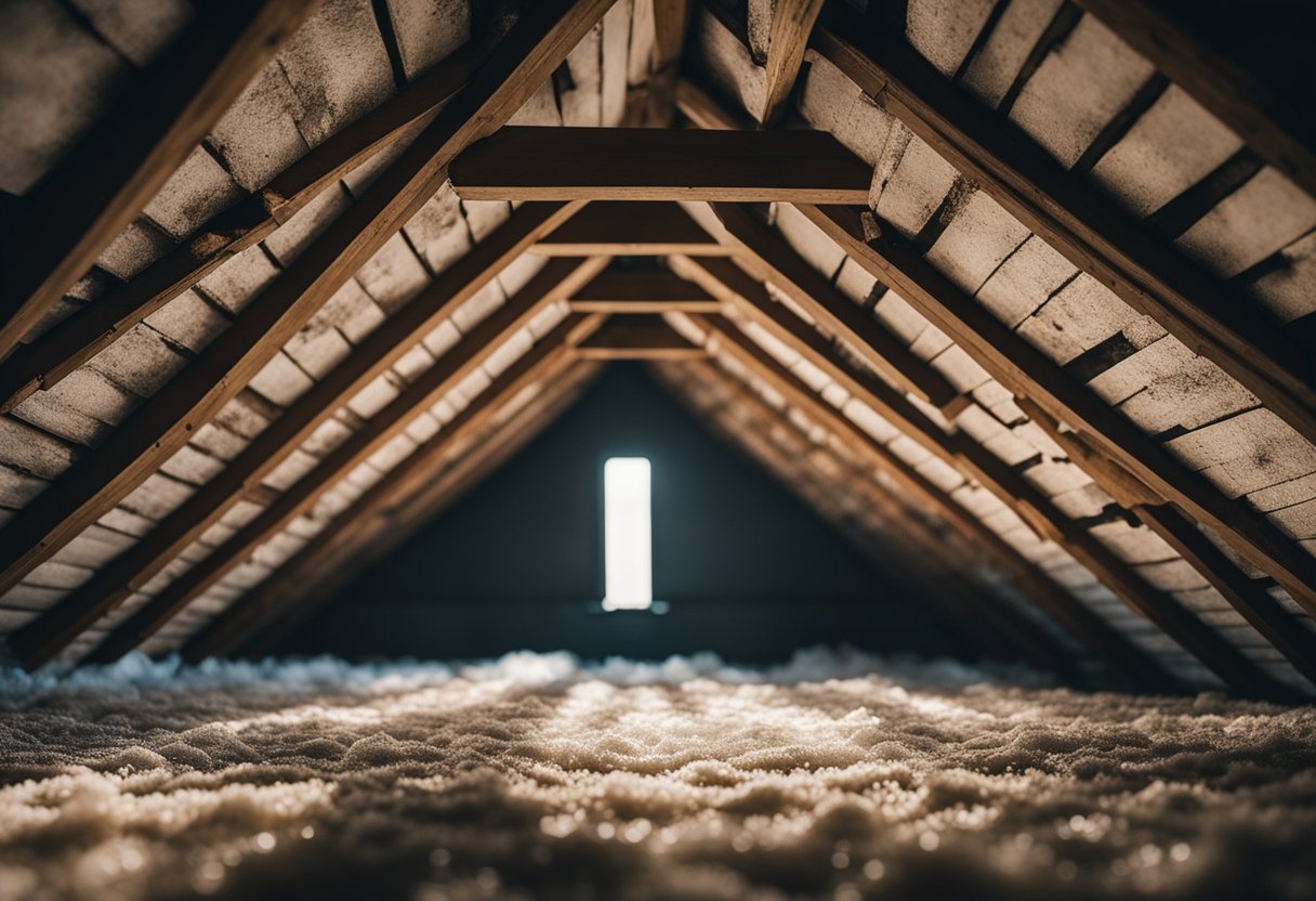 Et dårlig isolert loft med synlige tegn på fuktskader og muggvekst